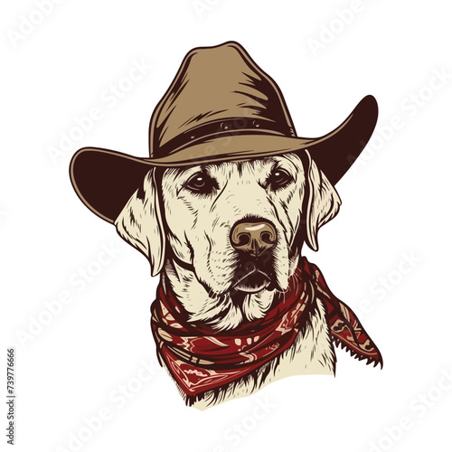 labrador retriever dog Head wearing cowboy hat and bandana around neck