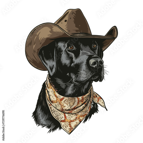 labrador retriever dog Head wearing cowboy hat and bandana around neck