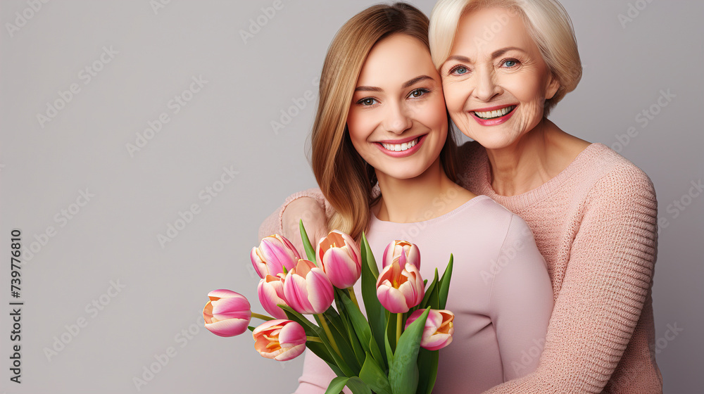 A young mother and an adult Granddaughter with tulips, copies of space, Women's Day, March 8. A young mother and an adult Granddaughter with tulips, copies of space, Women's Day, March 8.