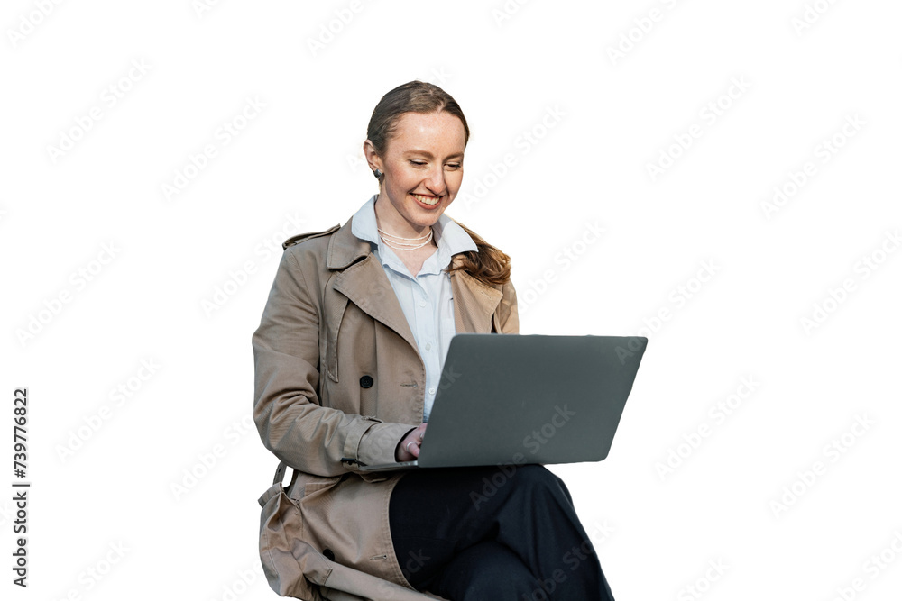 A positive woman is seen using a laptop. The background is transparent. A positive woman is seen using a laptop. The background is transparent.