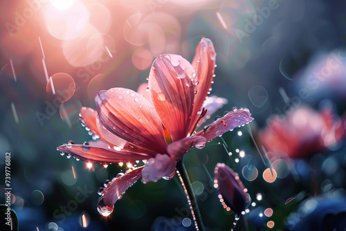 Closeup of a flower in the rain. A slide Background showcasing the beauty and uniqueness of life. Nature and biodiversity. Background image. Created with Generative AI technology