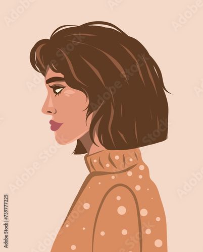 Vector portrait illustration brown haired pose sideways brunette women girls flat illustration. Avatar for social networks. Flat style flat illustration