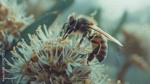 Bee Gathering Pollen - Bee on flower with fine detail of the pollen and hairs, in a natural habitat