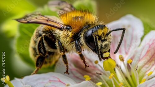Bee on Delicate Flower - Detailed shot of a bee collecting nectar from a blossom with visible pollen © Mickey