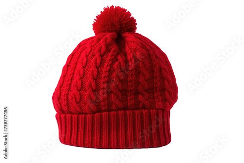 A close up photograph of a bright red knitted hat with a pom pom on top, showcasing its vibrant color and detailed texture. on a White or Clear Surface PNG Transparent Background.