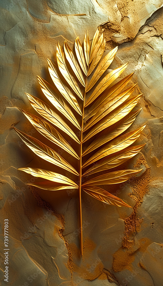 Golden Fern Leaf on Cracked Earthy Background - obrazy, fototapety, plakaty 