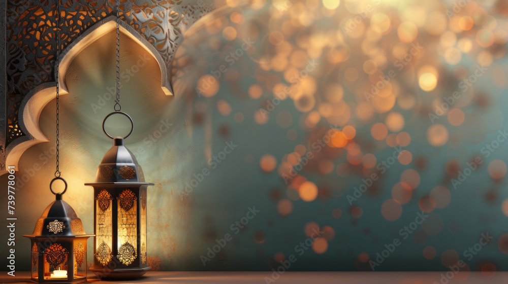 A lantern is placed on a wooden table with a beautiful background for the Muslim feast of the holy month of Ramadan Kareem. Eid ul Fiter, Eid ul Adha, Islamic wallpaper and background - obrazy, fototapety, plakaty 