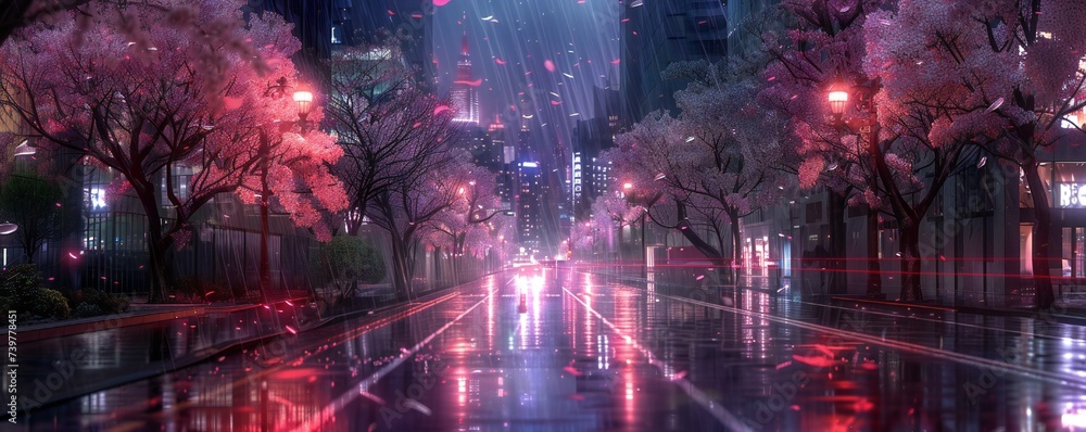 Obraz premium Heavenly night city in the spring with blooming trees and reflections on the road Generative Ai
