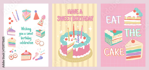 Set of Birthday cake greeting card portrait for invitation, decoration or background