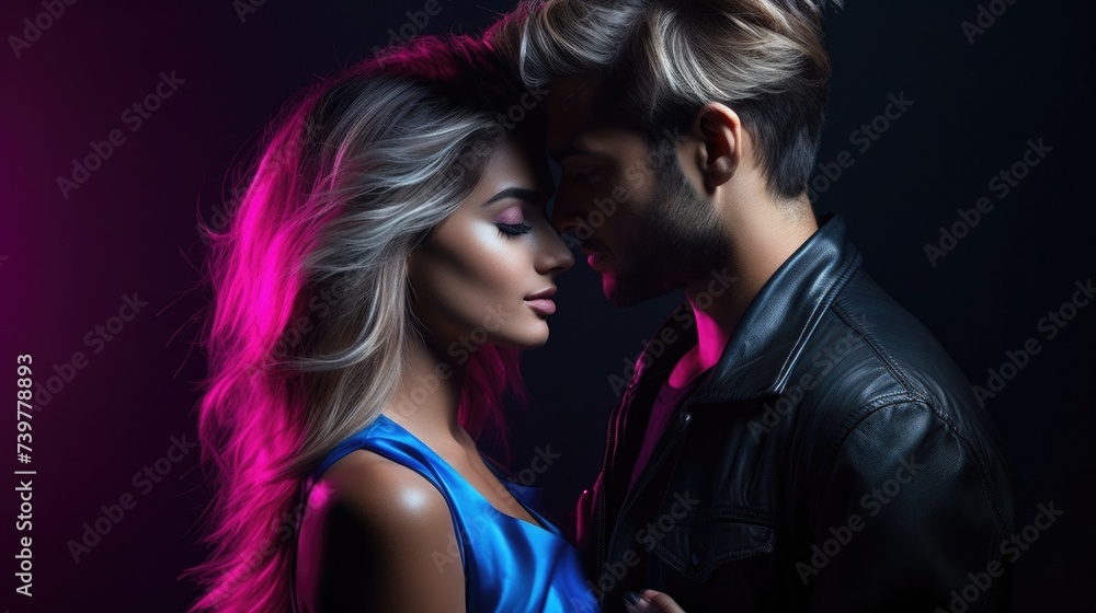 Naklejka premium A beautiful young couple in leather jackets and blue dresses. Generative AI.