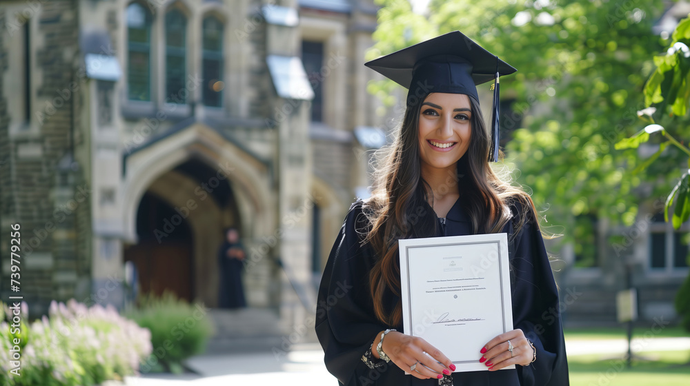 A woman in a graduation gown holds a diploma, beaming with pride, celebrating her educational accomplishment.