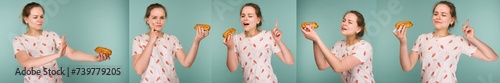 Set of five images of pimply teen girl wants to eat eclair cake photo
