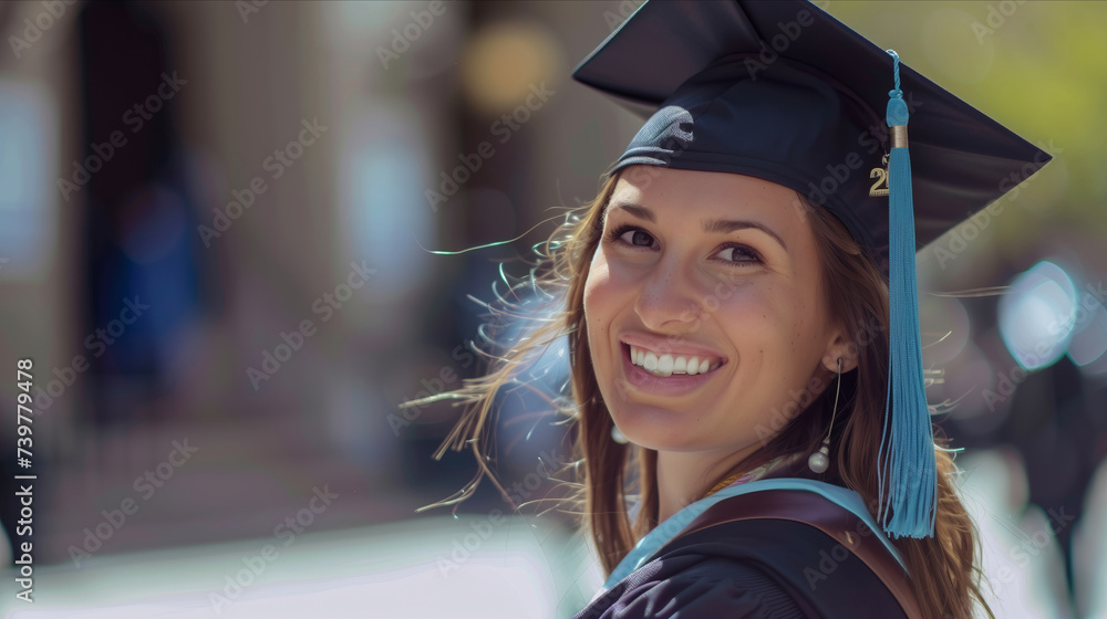 A woman adorned in a graduation cap and gown, symbolizing the achievement of completing her academic journey and preparing to step into the next phase of her life.