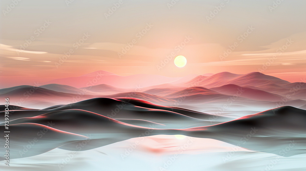 Surreal landscape with smooth, wave-like dunes under a soft pastel sunrise or sunset. - obrazy, fototapety, plakaty 