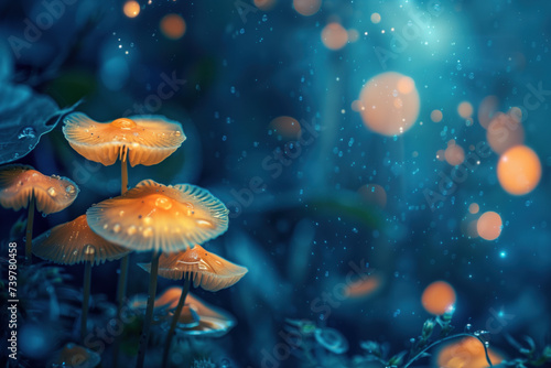Closeup of dreamy mushrooms. A slide Background showcasing the beauty and uniqueness of life. Nature and biodiversity. Background image. Created with Generative AI technology