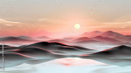 Surreal landscape with smooth, wave-like dunes under a soft pastel sunrise or sunset.