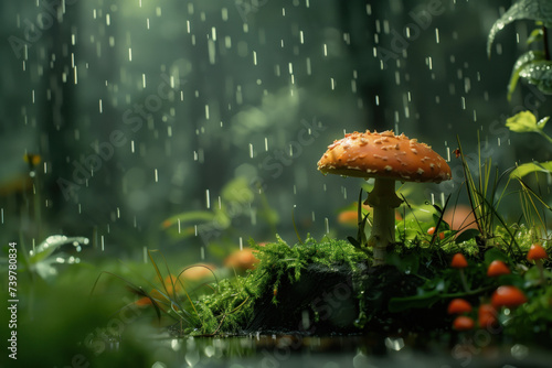 Closeup of a mushroom in a rainy forest. A slide Background showcasing the beauty and uniqueness of life. Nature and biodiversity. Background image. Created with Generative AI technology