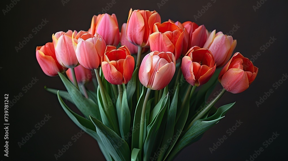 Bouquet of diffferent tulips. Gift with light ribbon bow. High-quality photograph capturing the essence of a birthday celebration. Inviting the viewer to feel the immersive atmosphere of this special 