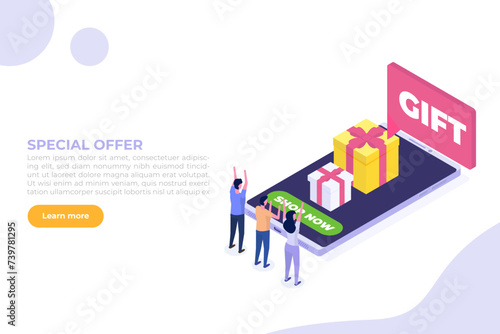 Smartphone shop event,  season sale, online shopping event. Flat Isometric  illustration. Can use for web banner, infographics.