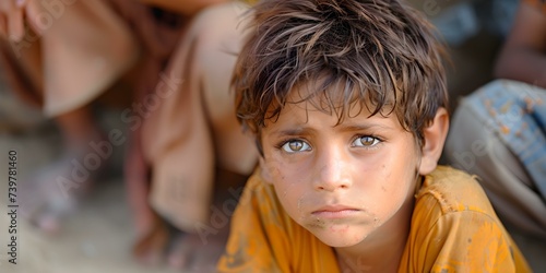 Young boy with a saddened expression displaying signs of malnutrition and poverty. Concept Child malnutrition, Poverty, Human suffering, Social issues, Emotion portraits photo