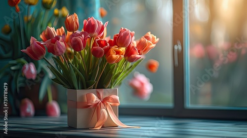 Wallpaper Mural Bouquet of diffferent tulips. Gift with light ribbon bow. High-quality photograph capturing the essence of a birthday celebration. Inviting the viewer to feel the immersive atmosphere of this special  Torontodigital.ca