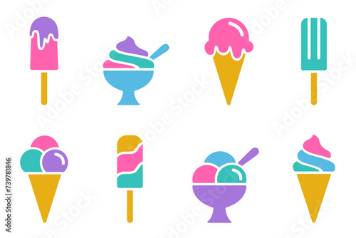 Ice cream multicolor icon set of pink, yellow, purple and turquoise colors on white. Balls or gelato in waffle cone, soft serve sundae in cup, popsicle on stick. Vector sign or logo, summer design.