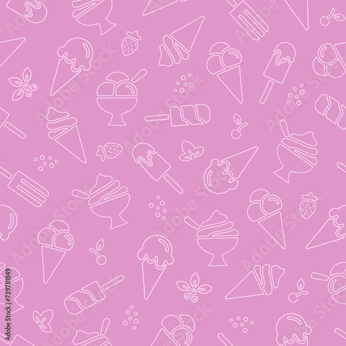 Seamless pattern with different ice cream, white line on pink background. Chaotic balls and soft serve gelato in waffle cone, popsicle on stick. Vector design for wrapper, paper dishes print.