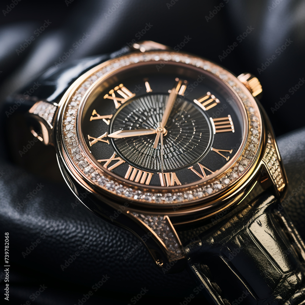 men's gold watch on black fabric, jewelry, close-up men's gold watch on black fabric, jewelry, close-up
