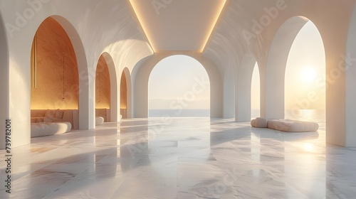 Grande maison blanche en pierre blanche lumineuse avec des belles arches style moderne et ancien, grande hauteur sous plafond, villa luxueuse, immobilier, arrière plan pour shooting, grandes fenêtres