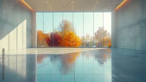 Grande baie vitrée dans une grande pièce pour des expositions ou des événements, photo prise au printemps