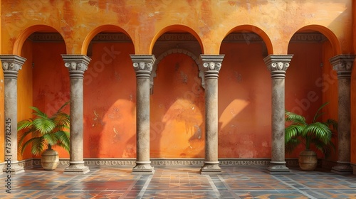 Mur d'architecture avec un style indien, oriental, empire romain bleu et rouge, avec des collones romaines