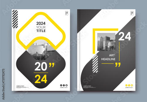 Abstract a4 brochure cover design. Ad text frame. Urban city view font. Title sheet model. Modern vector front page. Brand logo. Banner texture. Black, white ring figure, Yellow line icon. Flyer fiber