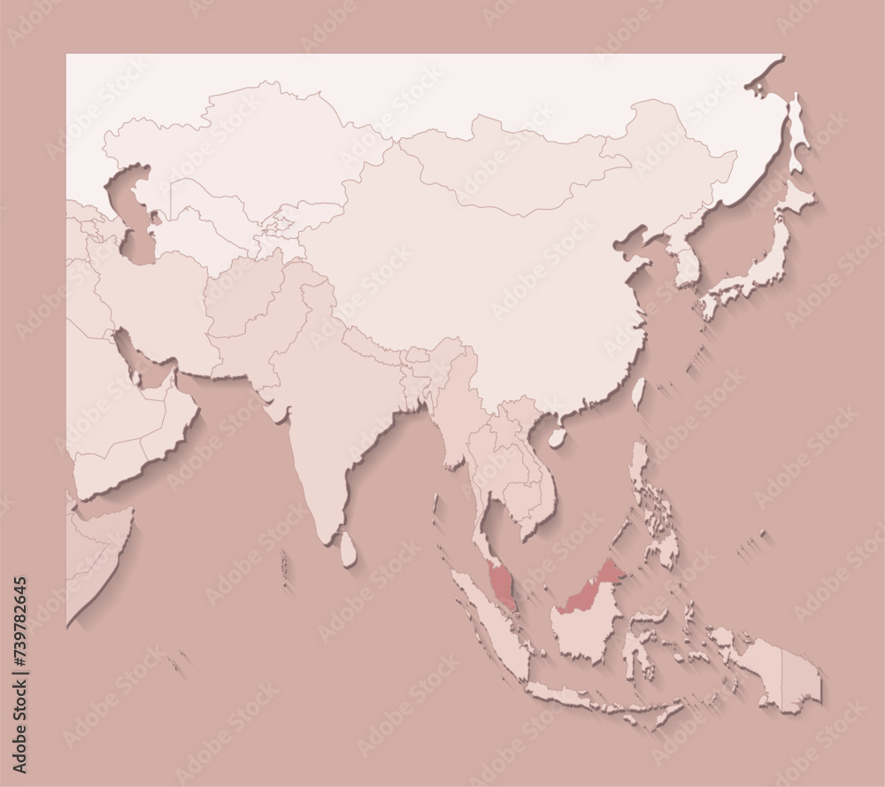 Vector illustration with asian areas with borders of states and marked country Malaysia. Political map in brown colors with regions. Beige background