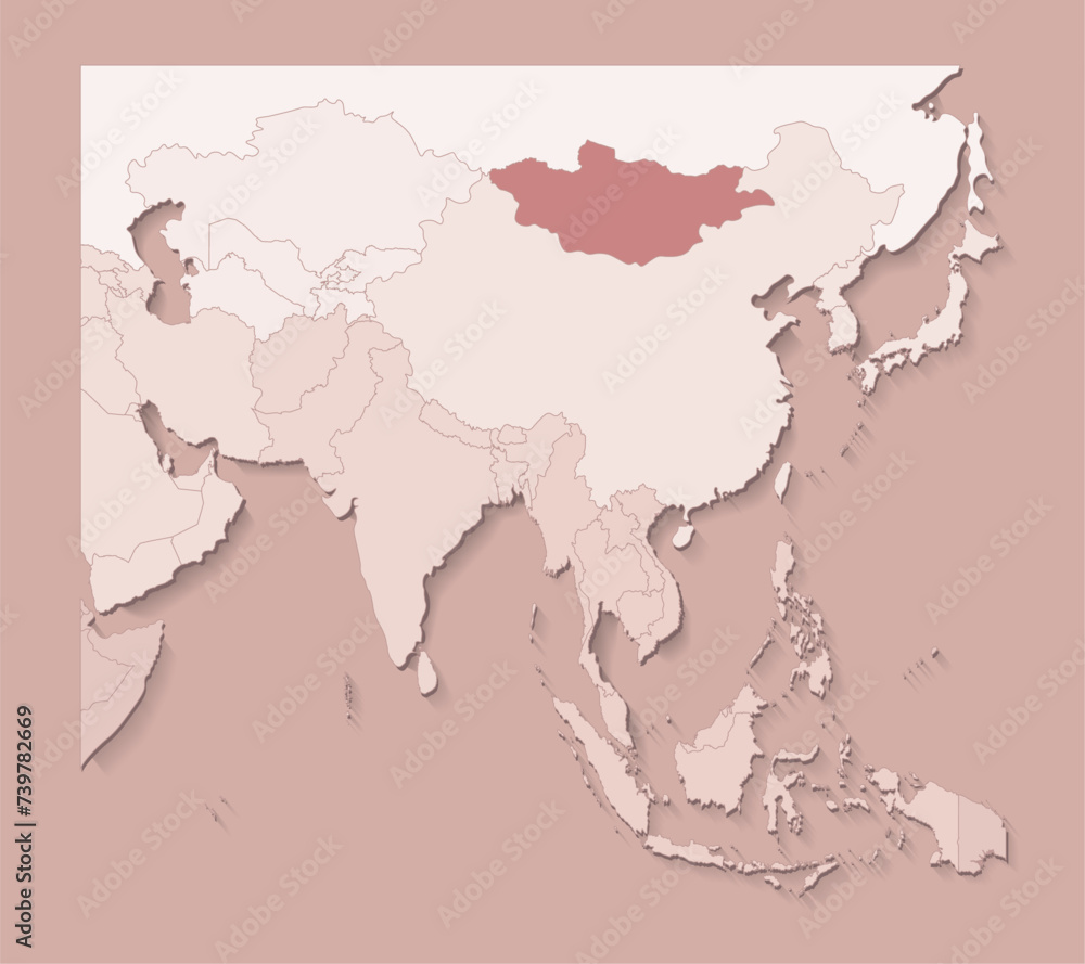 Vector illustration with asian areas with borders of states and marked country Mongolia. Political map in brown colors with regions. Beige background Vector illustration with asian areas with borders of states and marked country Mongolia. Political map in brown colors with regions. Beige background