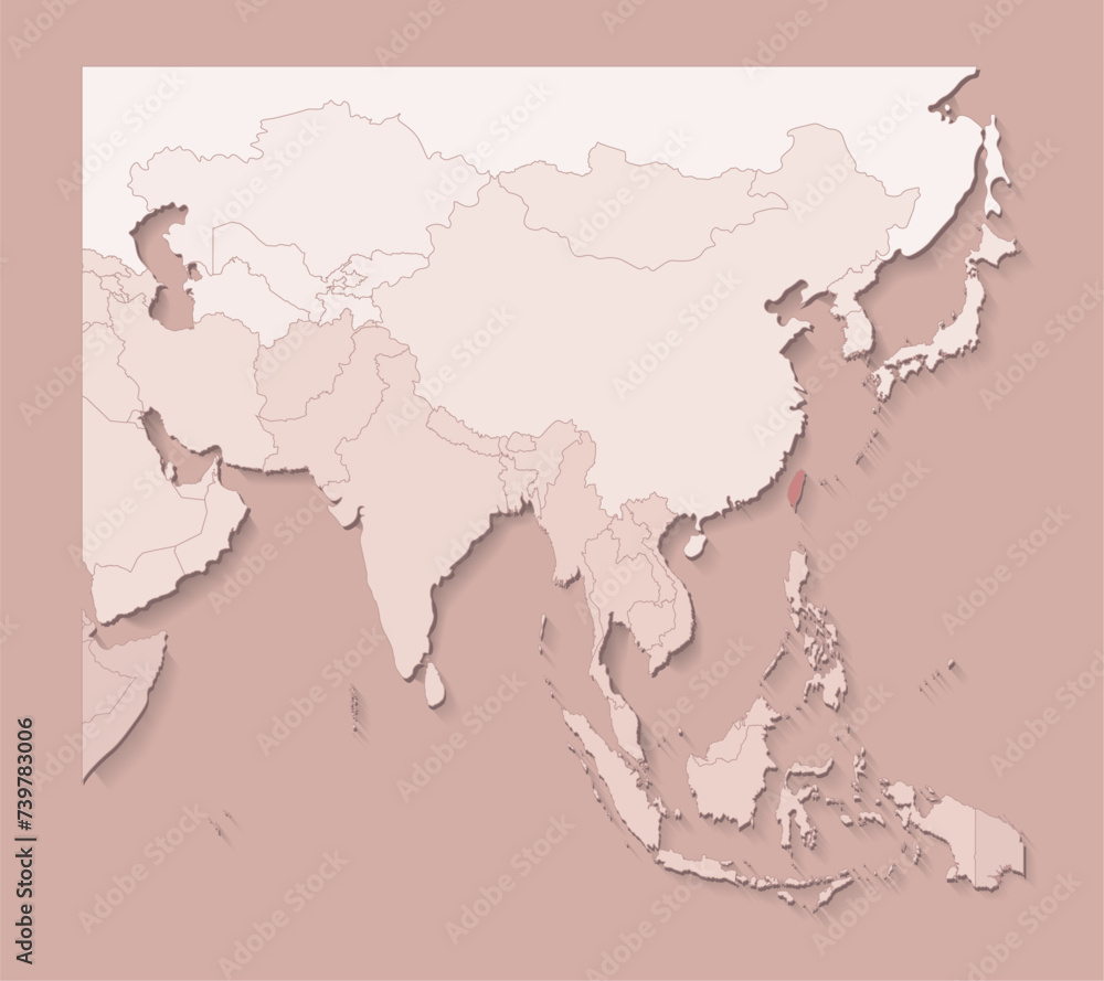 Obraz premium Vector illustration with asian areas with borders of states and marked country Taiwan. Political map in brown colors with regions. Beige background