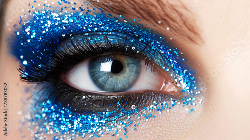 Eye makeup, metallic blue, aquamarine, close-up. 