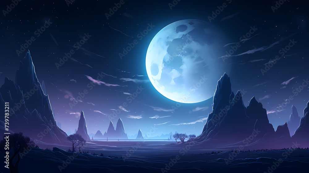 Lunar landscape with full moon in night sky Lunar landscape with full moon in night sky