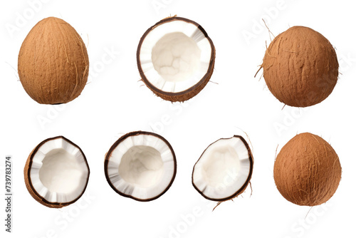 A group of coconuts placed side by side, showcasing their natural formation and texture. on a White or Clear Surface PNG Transparent Background.