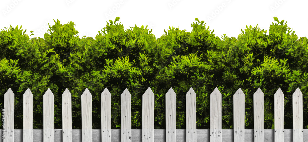 Fence from light wood and green grass - isolated on transparent background