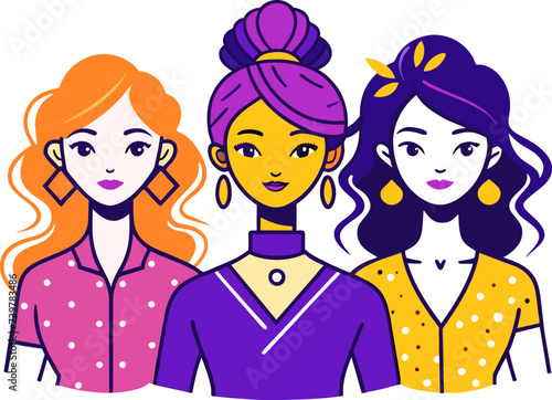 Stylized vector illustration of three young beautiful ladies