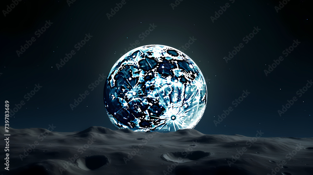Lunar landscape with full moon in night sky Lunar landscape with full moon in night sky