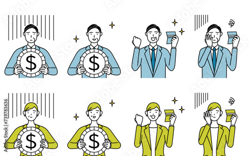 スーツ姿の男性と女性（中年、社長、上司）のシンプルな線画イラスト、投資のドル安・ドル高の為替変動と貯金残高の増減のイメージセット