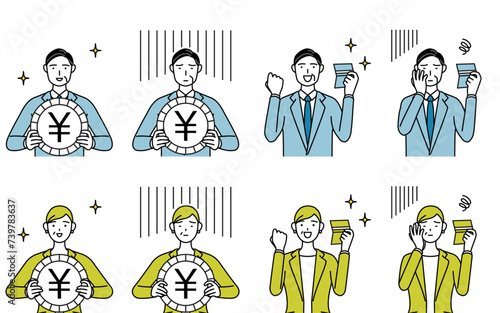 スーツ姿の男性と女性（中年、社長、上司）のシンプルな線画イラスト、投資の円安・円高の為替変動と貯金残高の増減のイメージセット