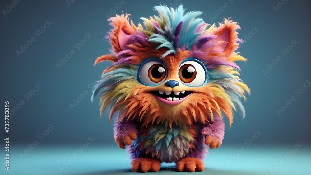 A unique and diverse 3D cute furry monster with big, expressive eyes and a fluffy, colorful coat, rendered in a playful and cartoonish style.