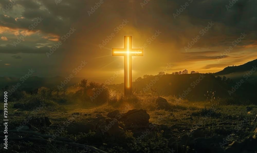 Golden light of dawn illuminating a cross, symbolizing the Resurrection