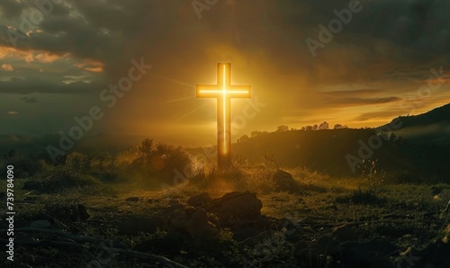 Golden light of dawn illuminating a cross, symbolizing the Resurrection