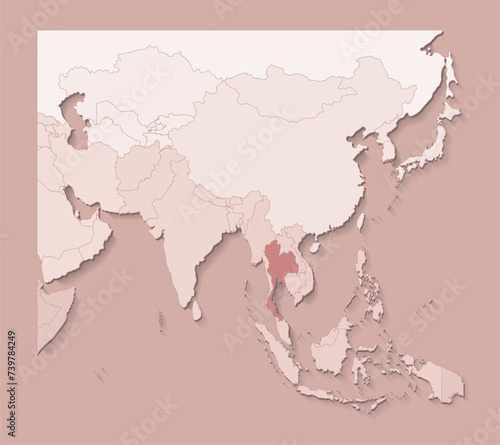 Vector illustration with asian areas with borders of states and marked country Thailand. Political map in brown colors with regions. Beige background