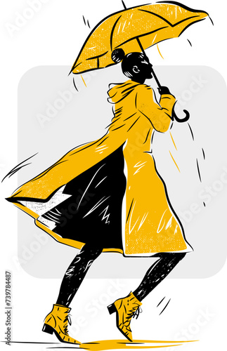 Woman in long coat hurries with umbrella in rain