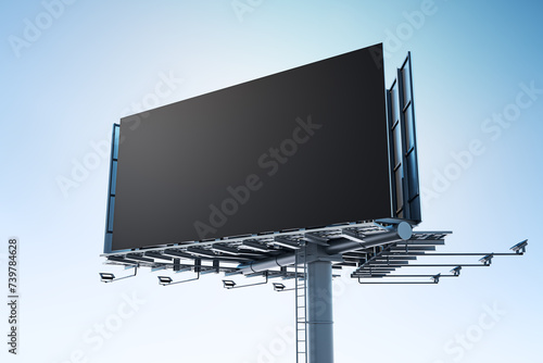 Dark empty billboard on a steel structure with a clear sky background, ideal for large scale mockups. 3D Rendering