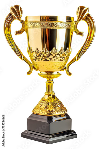 Golden trophy cup, sport tournament award, gold winner cup - victory and success concept. Isolated on transparent background.
